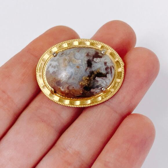 VTG Mid Century Brooch Agate Gemstone Oval Stone Pin 1960s 1970s Gold Tone - Picture 3 of 11